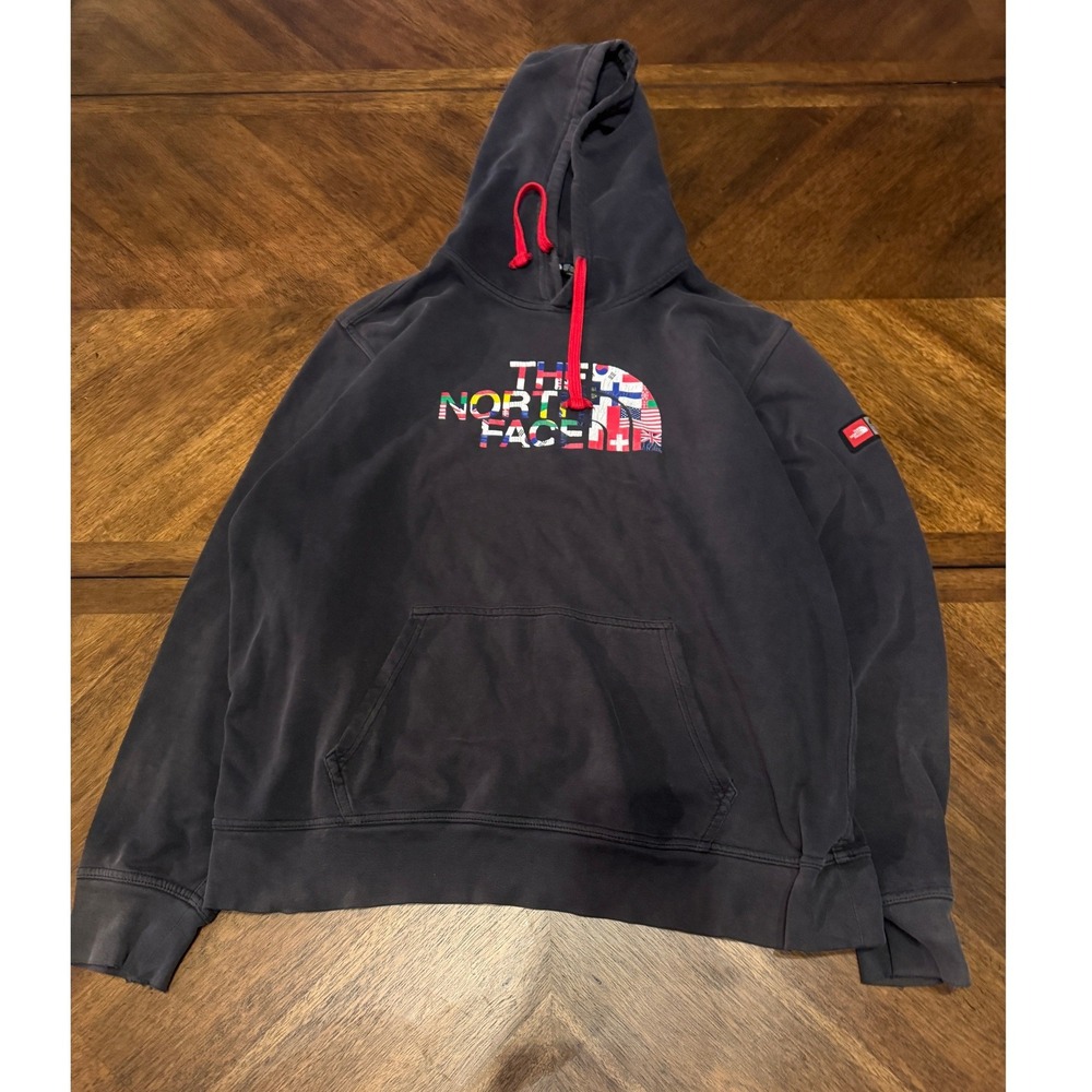 The North Face Hoodie International Flag Logo Red Drawstring Pullover Mens L |Q1